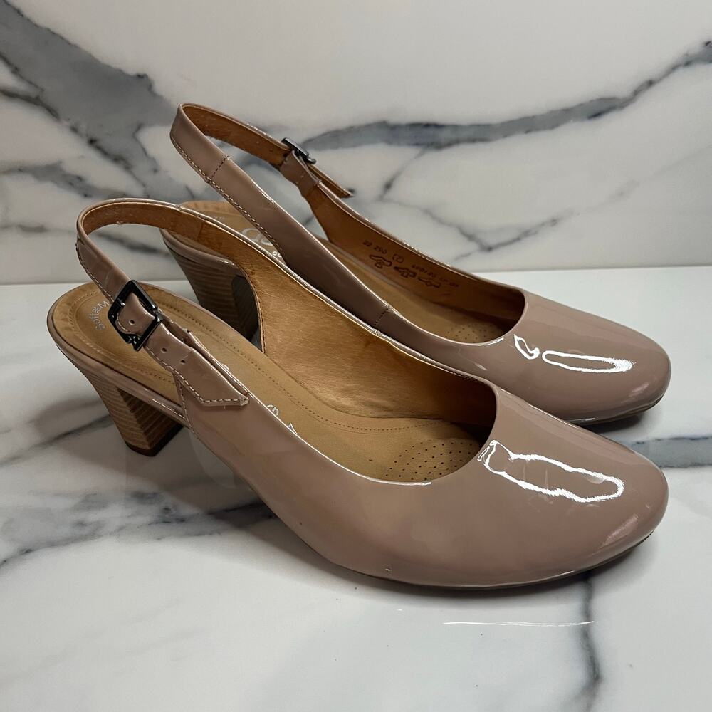 Gabor Wmns Nude Patent Leather Round Toe Slingback Heels Sz 7 Classic Minimalist
